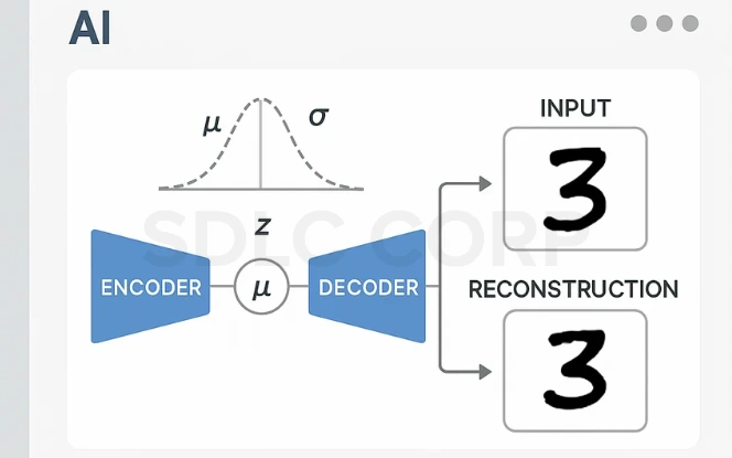 Diagram of a Variational Autoencoder (VAE) architecture showing an encoder compressing an input digit (3) into a latent distribution (mu and sigma), and a decoder reconstructing the same digit. A bell curve represents the latent distribution.