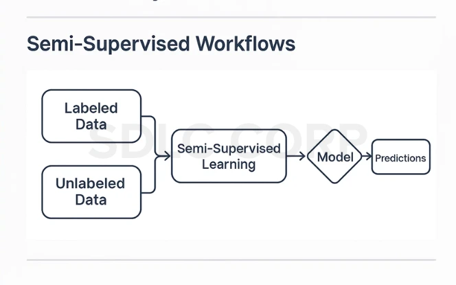 Flowchart of a semi-supervised learning workflow combining labeled and unlabeled data, feeding into a learning algorithm and resulting in predictions through a model.