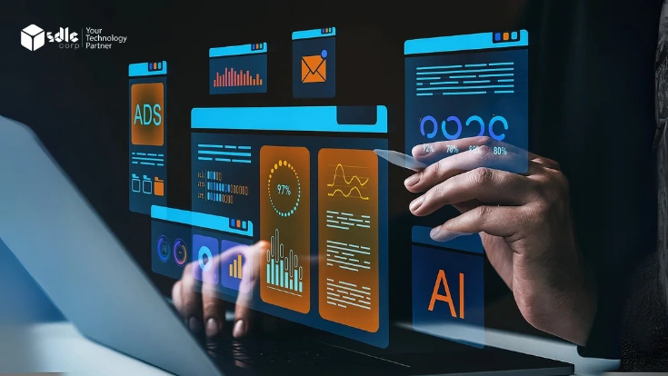 A person interacting with a digital AI dashboard for analytics, showing modules like ads, performance metrics, charts, and data visualizations. The interface highlights 97% accuracy and AI in orange and blue. SDLC Corp branding is visible.