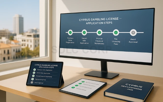 Flowchart detailing the application process for obtaining a Cyprus gambling license through the National Betting Authority.