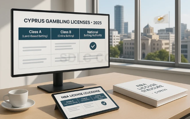 Infographic showing types of Cyprus gambling licenses including Class A and Class B for land-based and online betting in 2025.