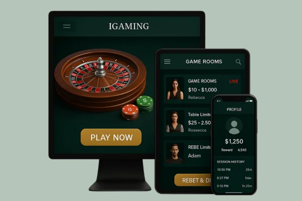 Confident businesswoman standing with arms crossed in front of a desktop monitor, tablet, and smartphone showcasing an iGaming software interface—an admin dashboard on the desktop, a virtual poker table on the tablet, and a tournament lobby on the smartphone—set against a soft pink background with subtle card‐suit overlays.