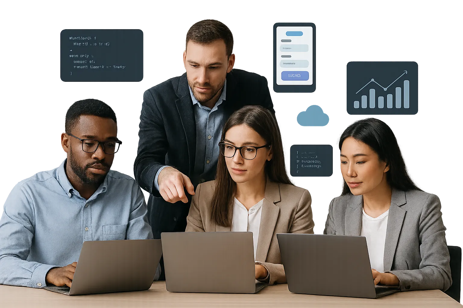 Professional software development team collaborating on coding and cloud-based applications in a tech environment