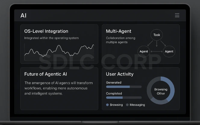 Futuristic interface on a laptop screen showing topics like OS-level integration, multi-agent collaboration, future of agentic AI, and user activity split across generated, completed, browsing, and messaging tasks.