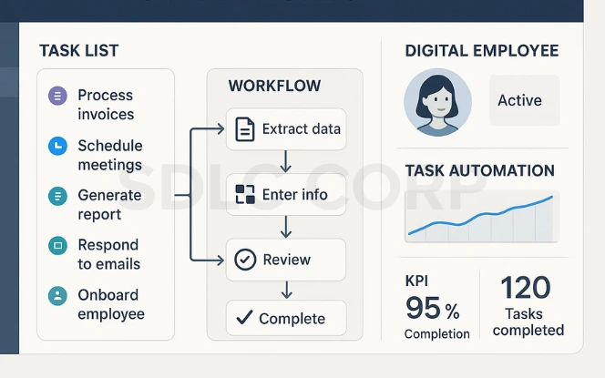 Illustration of a digital employee handling tasks like invoice processing, meeting scheduling, and report generation, with a workflow showing steps such as extract data, enter info, review, and complete, and a KPI of 95% completion.