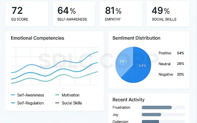 Dashboard of emotional intelligence metrics for AI, including EQ score, self-awareness, empathy, and social skills, emotional competencies graph, sentiment distribution pie chart, and recent emotional activities.