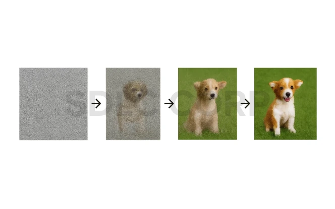 Visual representation of image generation using diffusion, showing gradual denoising of a dog photo from noise to clarity