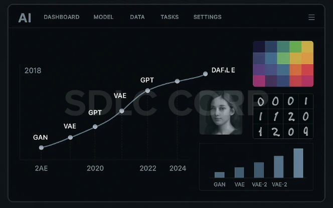 Graph showing the evolution of generative models from GAN to DAF.L.E with timeline and model accuracy trends – SDLC Corp AI interface