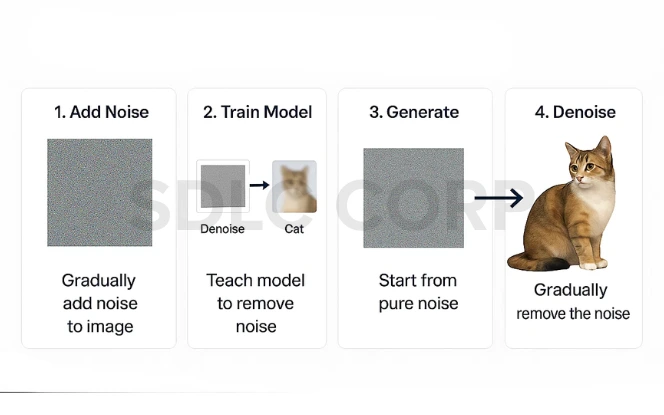 Step-by-step illustration of a diffusion model generating a cat image: adding noise, training, generating, and denoising