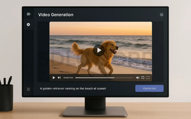 AI video generation interface showing a golden retriever running on the beach at sunset from text prompt input