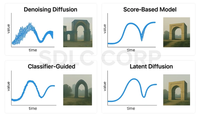Comparison of denoising diffusion, score-based, classifier-guided, and latent diffusion models with time-value graphs and image outputs