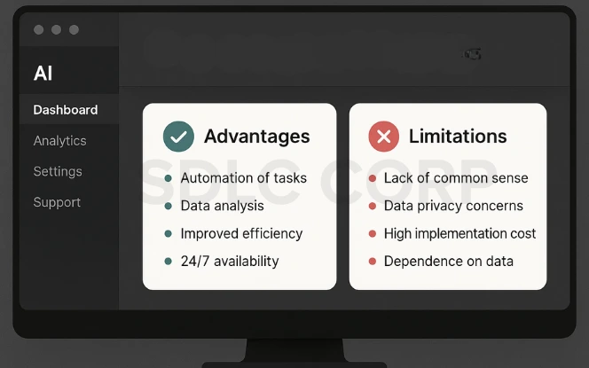 Split screen showing pros and cons of AI systems: automation and efficiency vs. high cost and data dependency