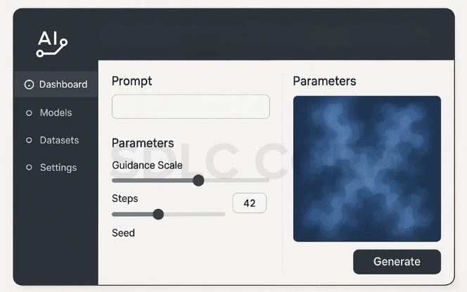 AI interface for generating images using text prompts, with parameters for guidance scale, steps, and seed – generative AI tool.