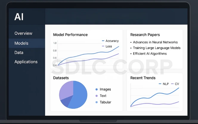 AI dashboard showing model performance with accuracy and loss curves, dataset types, research paper highlights, and recent AI trends.