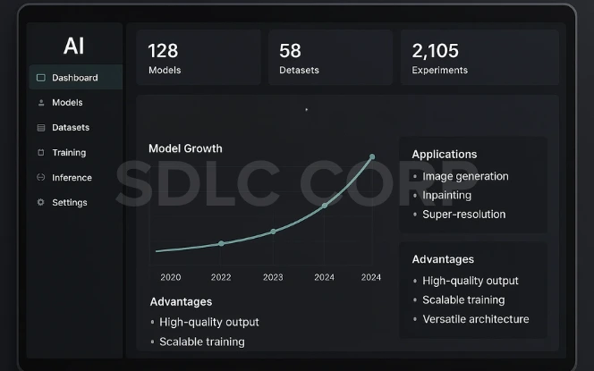 AI dashboard with graph of model growth from 2020 to 2024, highlighting advantages like high-quality output and applications in image generation
