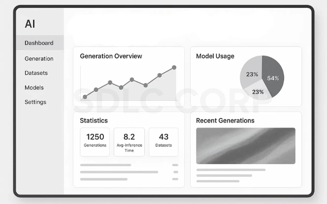 AI dashboard displaying generation stats, model usage pie chart, average inference time, and recent generations with visual output