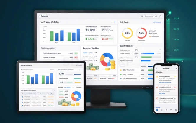 AI data processing dashboard visualizing financial pipelines, model training stages, and validated data flows