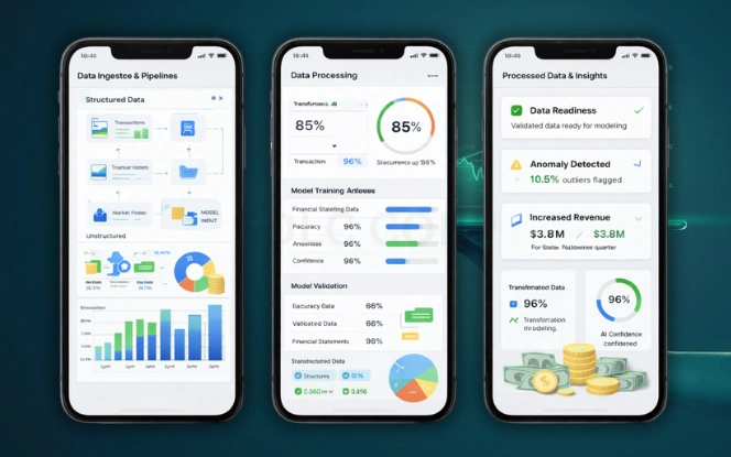 AI data processing dashboard visualizing financial pipelines, model training stages, and validated data flows