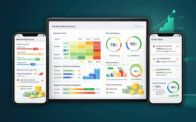 AI risk management dashboard showing risk heatmaps, anomaly detection visuals, and real-time exposure indicators