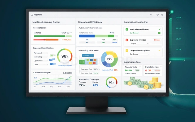 Machine learning dashboard displaying automated reconciliation, expense classification analytics, and operational efficiency metrics