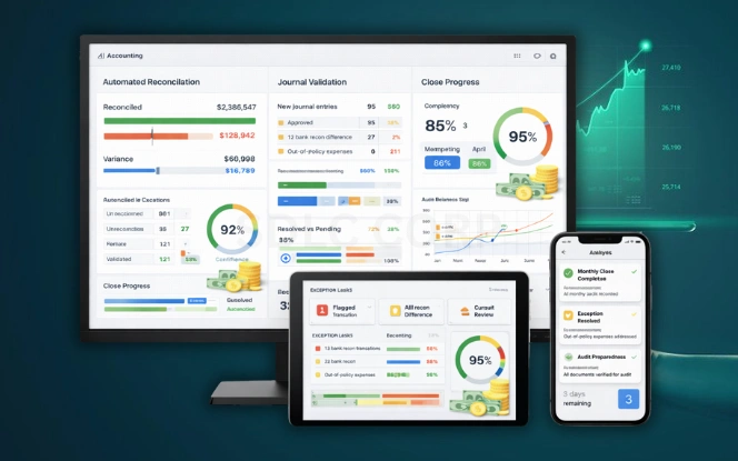AI accounting dashboard showing reconciliations, journal validation visuals, and financial close progress indicators