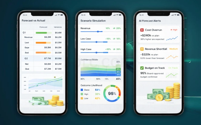 AI forecasting dashboard displaying forecast versus actual trends, confidence ranges, and planning alerts