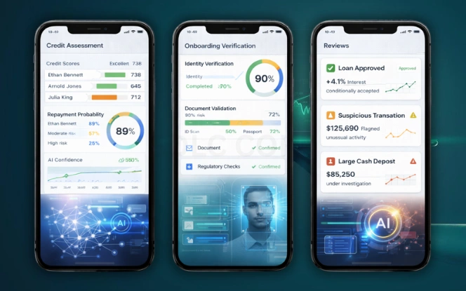 AI banking dashboard showing credit assessment visuals, onboarding verification status, and approval alerts