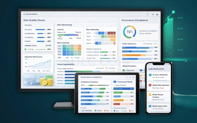 AI governance dashboard showing data quality checks, bias monitoring visuals, and model explainability indicators