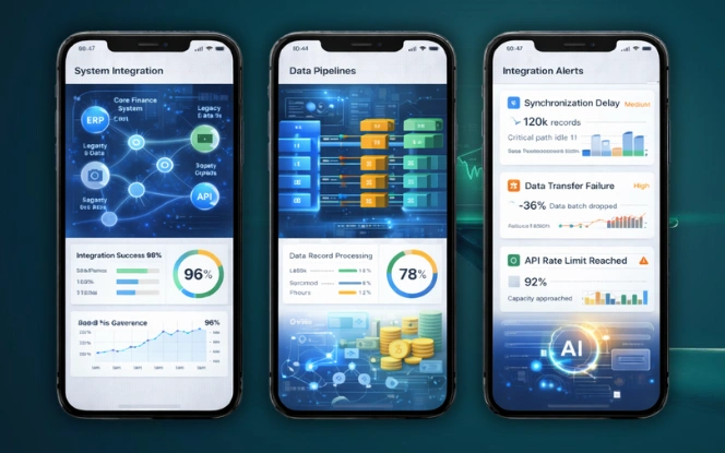 AI integration dashboard visualizing financial system connections, data pipelines, and synchronization alerts