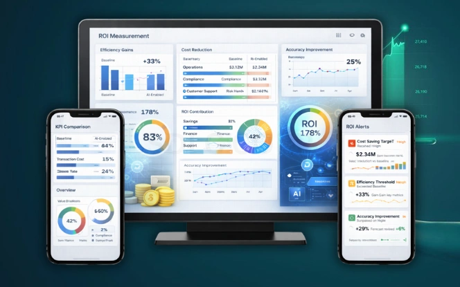 AI ROI dashboard displaying efficiency gains, cost reduction visuals, and executive performance indicators