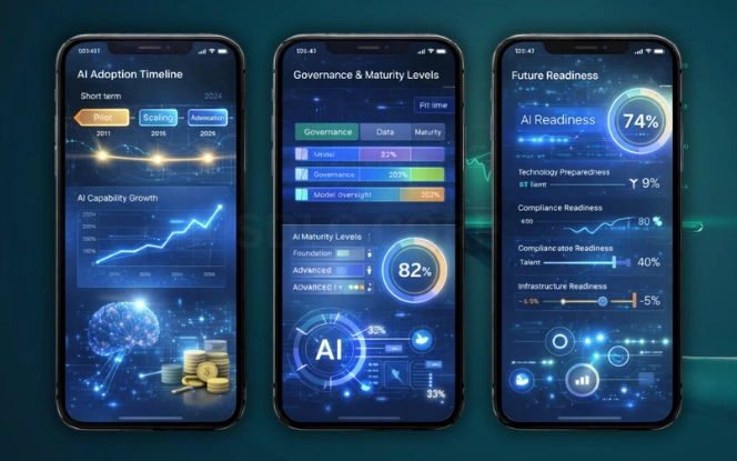 AI roadmap dashboard visualizing future adoption timelines, maturity levels, and strategic readiness indicators