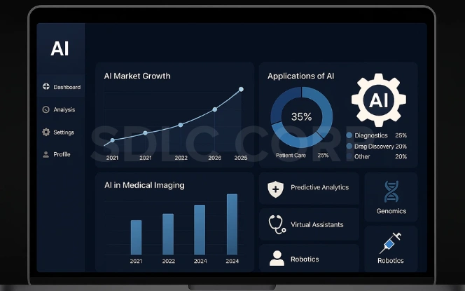 AI in healthcare dashboard showing generative AI detecting pneumonia, along with real-time heart rate and blood pressure monitoring for patient health analysis..