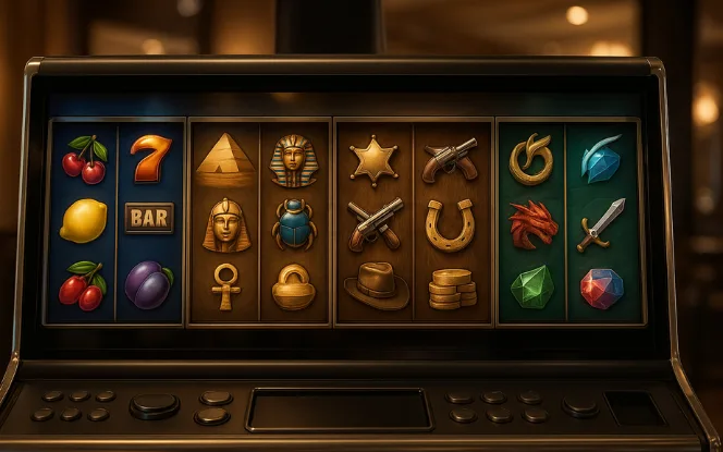 Grid of slot games with different themes like classic, fantasy, horror, and cultural.