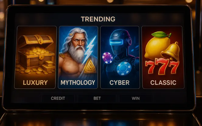 Futuristic slot machine interface displaying trending themes like cyberpunk and anime.