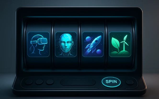 Modern slot interface showing AI, NFT, VR-based themes in a futuristic setting.