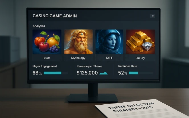 Casino operator analyzing slot game dashboard with various theme performance metrics.