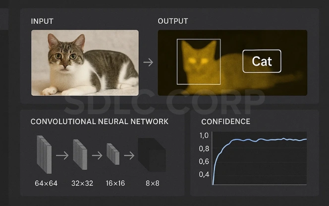 Example of CNN in practice showing an input cat image, output labeled as cat with confidence graph, and convolutional layers reducing dimensions from 64×64 to 8×8.