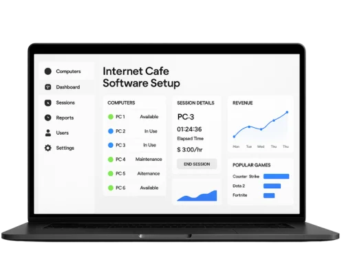"Complete internet cafe software setup with secure login, game management, and billing system"