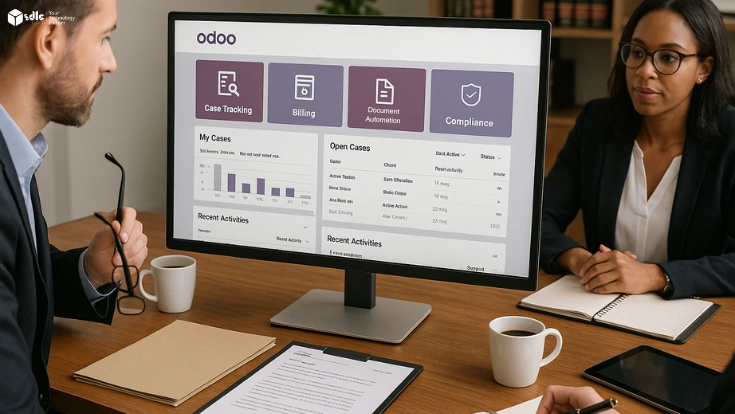 Legal professionals collaborate around a modern office table with a monitor displaying the Odoo Legal Management System dashboard, including modules for case tracking, billing, document automation, and calendar styled in Odoo’s purple and gray theme.