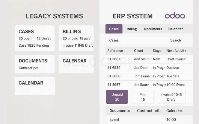 Comparison of fragmented legal tools and a unified Odoo ERP dashboard for case tracking, billing, and scheduling