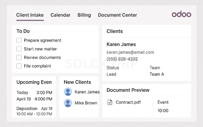 Odoo Legal Management System dashboard showing modules like Client Intake, Calendar, Billing, and Document Center