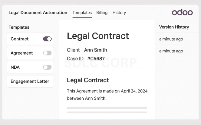 Odoo dashboard for legal document management with templates, auto-filled fields, and version history panel