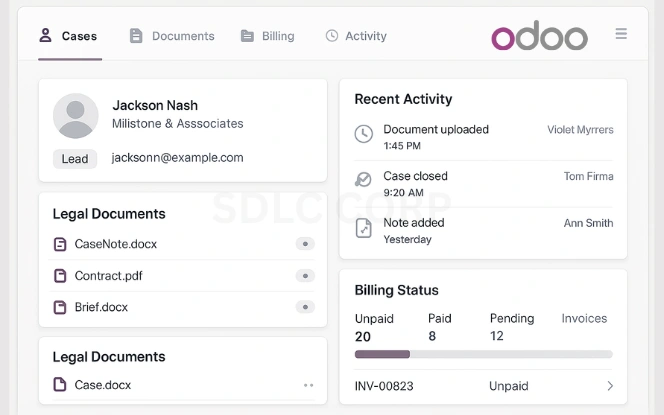 Unified Odoo dashboard displaying client profiles, legal documents, activity logs, and billing details in one interface