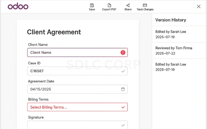 Odoo document editor highlighting validated fields, real-time input status, and version history for legal documents