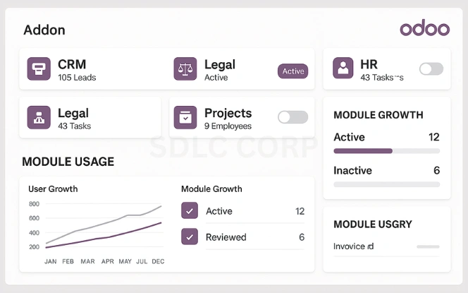 Odoo module dashboard with toggleable apps like CRM, Legal, Projects, and HR, featuring usage stats and growth charts