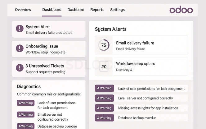 Admin view of Odoo dashboard showing system alerts, onboarding issues, unresolved tickets, and diagnostics panel with warnings