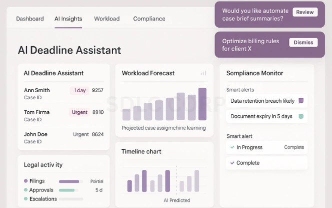 Futuristic Odoo dashboard with AI-driven suggestions for deadlines, workload forecasting, and compliance alerts in a clean modern layout