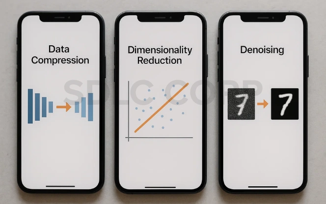 Three smartphone screens visualizing autoencoder key features: data compression with bar charts, dimensionality reduction with a scatter plot, and denoising with handwritten digits.