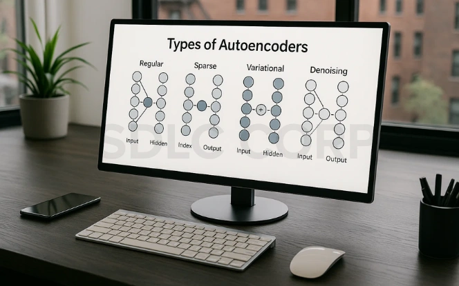 Desktop monitor displaying a diagram of different types of autoencoders: regular, sparse, variational, and denoising, with node connections for each type.