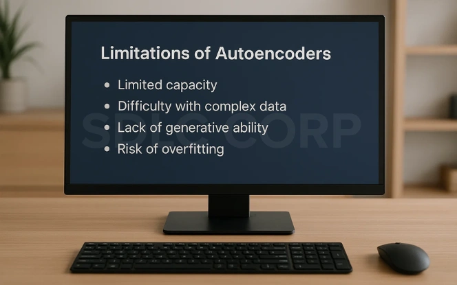 Desktop monitor displaying a slide with bullet points about the limitations of autoencoders, including limited capacity and risk of overfitting.